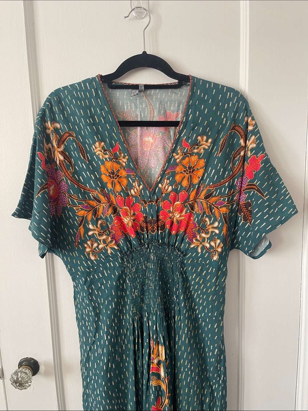 Anthropologie Bl-nk Tatiana Teal Floral V-Neck Midi Kaftan Dress - Picture 3 of 11